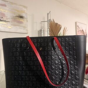 Carolina Herrera Black Quilted Tote with Red Straps